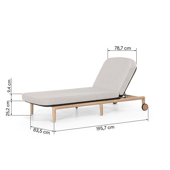 Lettino da giardino Komorebi regolabile, legno di acacia chiaro, acciaio, tessuto intrecciato, beige