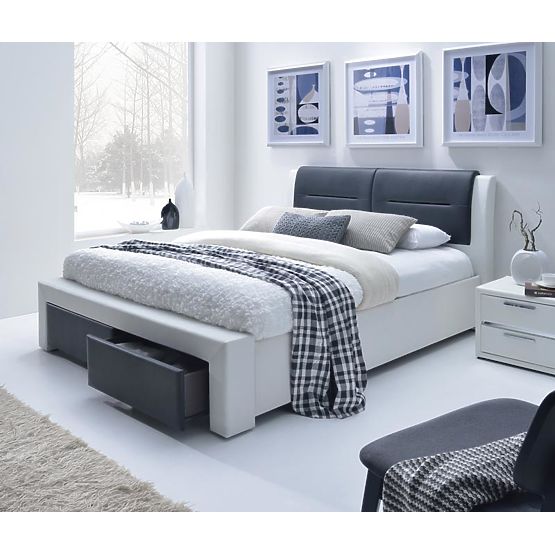 Letto imbottito CASSANDRA S 140 cm con cassetti di stoccaggio bianco e nero (5p=1pz)