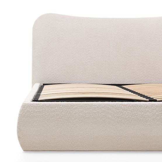 Letto imbottito Derry 140x200 cm, con rete e spazio contenitivo, arrotondato, beige