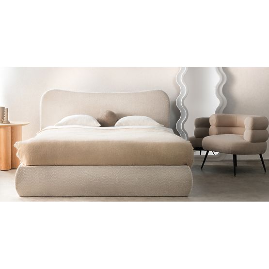 Letto imbottito Derry 140x200 cm, con rete e spazio contenitivo, arrotondato, beige