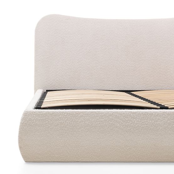 Letto imbottito Derry 140x200 cm, con rete e spazio contenitivo, arrotondato, beige