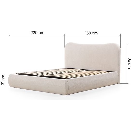 Letto imbottito Derry 140x200 cm, con rete e spazio contenitivo, arrotondato, beige