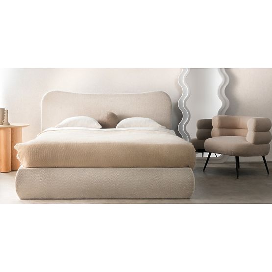 Letto imbottito Derry 160x200 cm, con rete e spazio di stoccaggio, arrotondato, beige