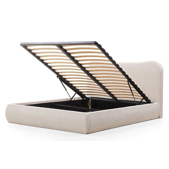 Letto imbottito Derry 160x200 cm, con rete e spazio di stoccaggio, arrotondato, beige