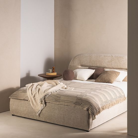 Letto imbottito Luno 140x200 cm, con rete e spazio contenitivo, beige chiaro, arrotondato