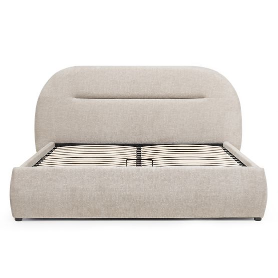 Letto imbottito Luno 140x200 cm, con rete e spazio contenitivo, beige chiaro, arrotondato