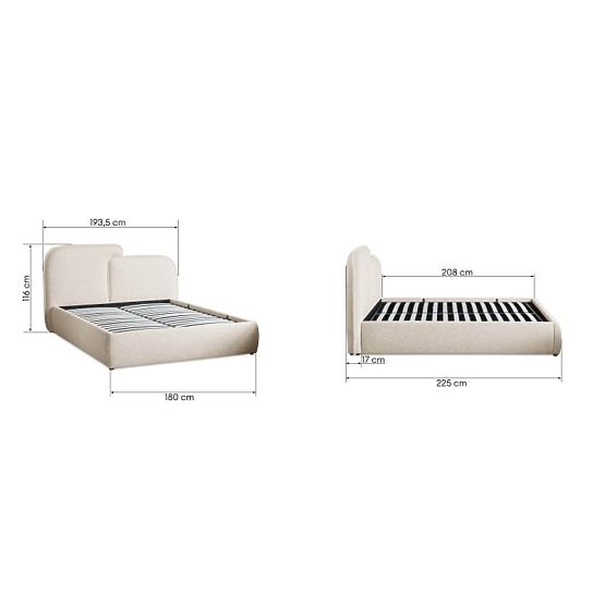 Letto imbottito Nestia 160x200 cm, con rete e spazio di stoccaggio, beige chiaro, arrotondato