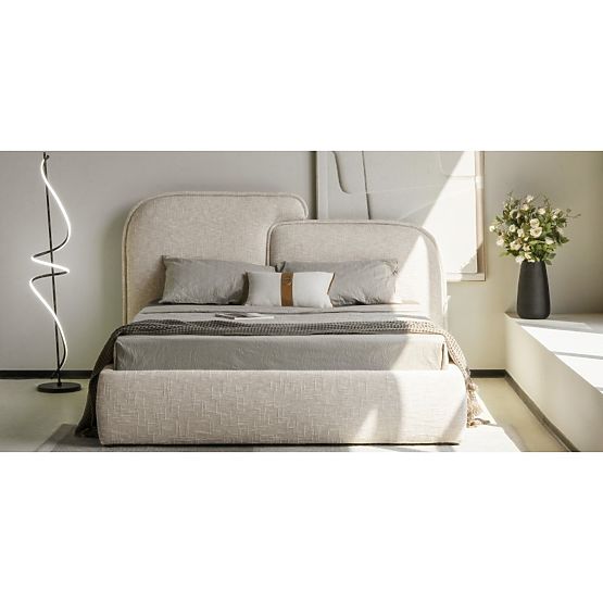 Letto imbottito Nestia 160x200 cm, con rete e spazio di stoccaggio, beige chiaro, arrotondato