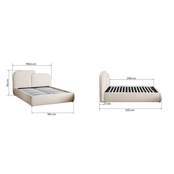 Letto imbottito Nestia 160x200 cm, con rete e spazio di stoccaggio, beige chiaro, arrotondato