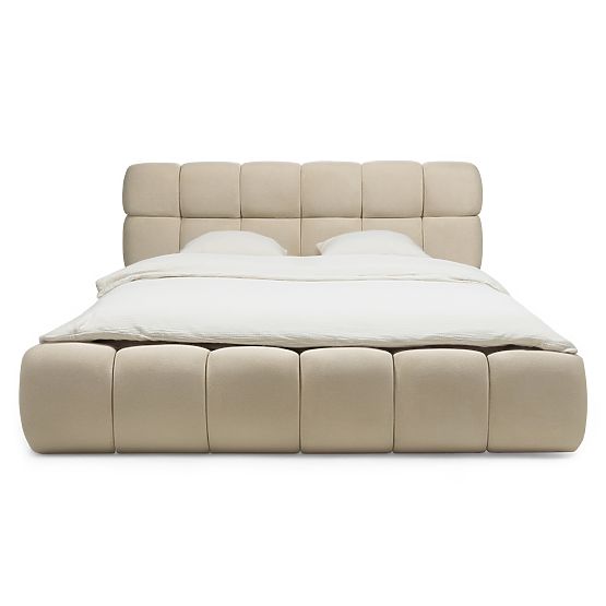 Letto imbottito Nexo 160x200 cm, con rete e spazio contenitore, beige chiaro, forme arrotondate