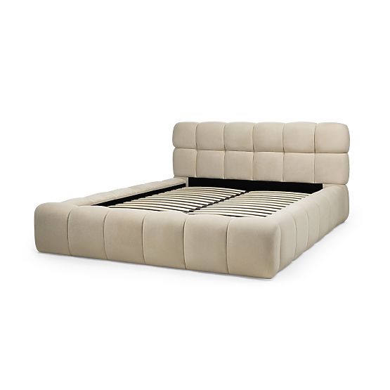 Letto imbottito Nexo 160x200 cm, con rete e spazio contenitore, beige chiaro, forme arrotondate