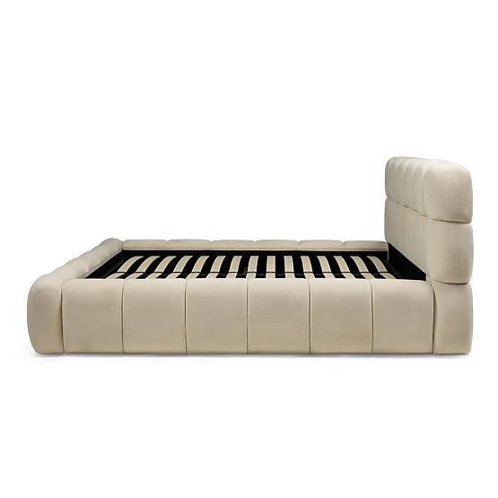 Letto imbottito Nexo 160x200 cm, con rete e spazio contenitore, beige chiaro, forme arrotondate