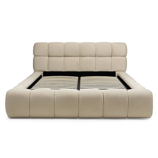 Letto imbottito Nexo 160x200 cm, con rete e spazio contenitore, beige chiaro, forme arrotondate