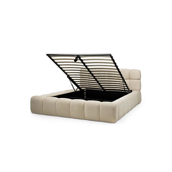 Letto imbottito Nexo 160x200 cm, con rete e spazio contenitore, beige chiaro, forme arrotondate