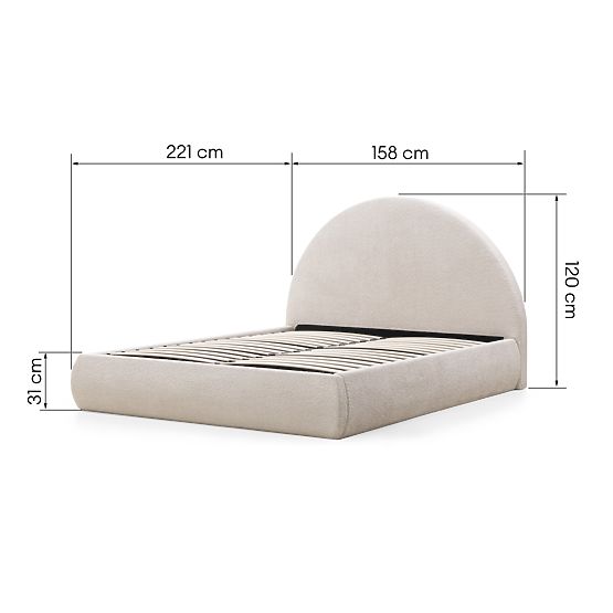 Letto imbottito Orbi 140x200 cm, con rete e spazio contenitore, arrotondato, beige