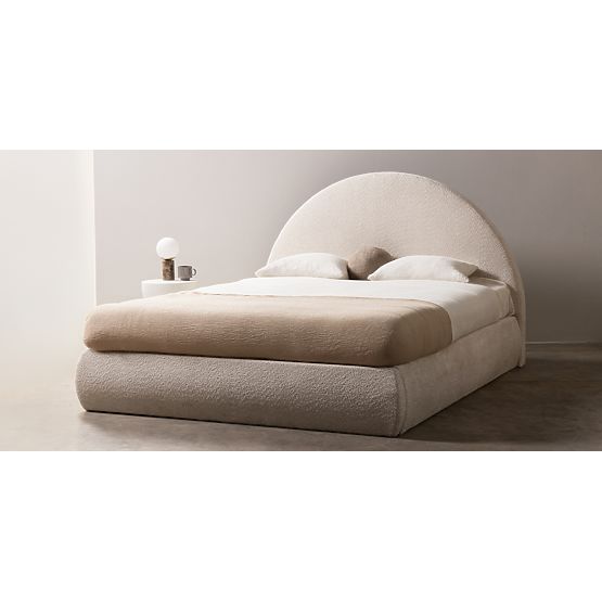 Letto imbottito Orbi 140x200 cm, con rete e spazio contenitore, arrotondato, beige
