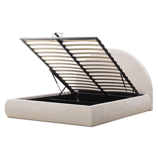 Letto imbottito Orbi 140x200 cm, con rete e spazio contenitore, arrotondato, beige