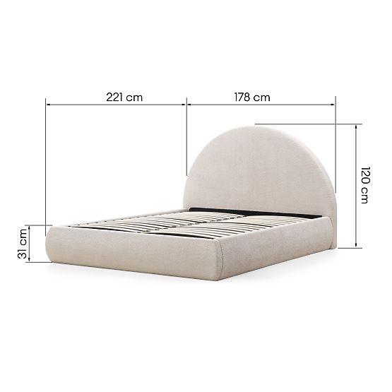 Letto imbottito Orbi 160x200 cm, con rete e spazio di stoccaggio, arrotondato, beige