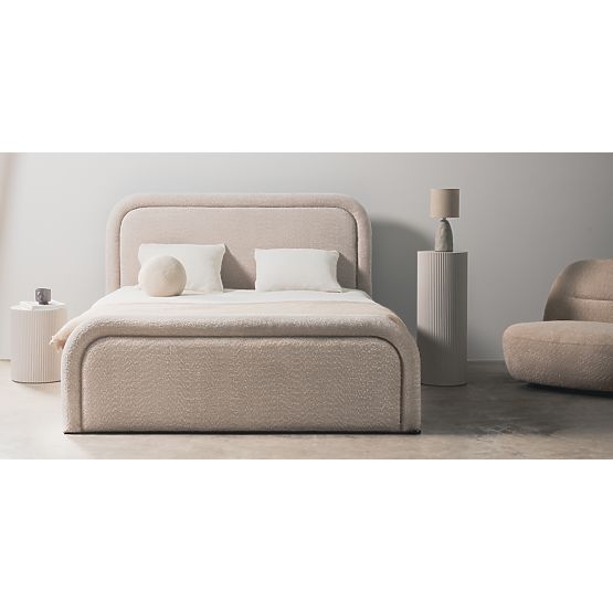 Letto imbottito Ovoid 140x200 cm, con rete e spazio contenitore, arrotondato, beige