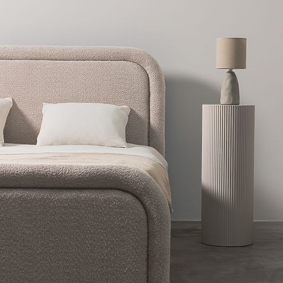 Letto imbottito Ovoid 160x200 cm, con rete e spazio di stoccaggio, arrotondato, beige