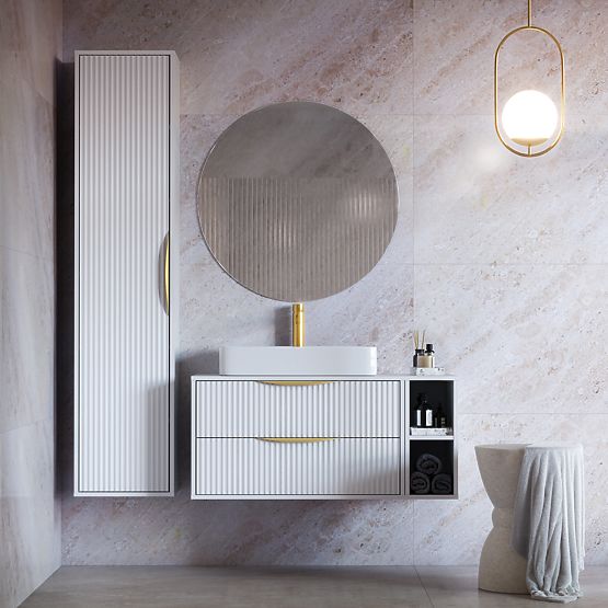 Mobiletto sotto lavabo Avila 2.0, 80 cm, scanalato, maniglie dorate, bianco