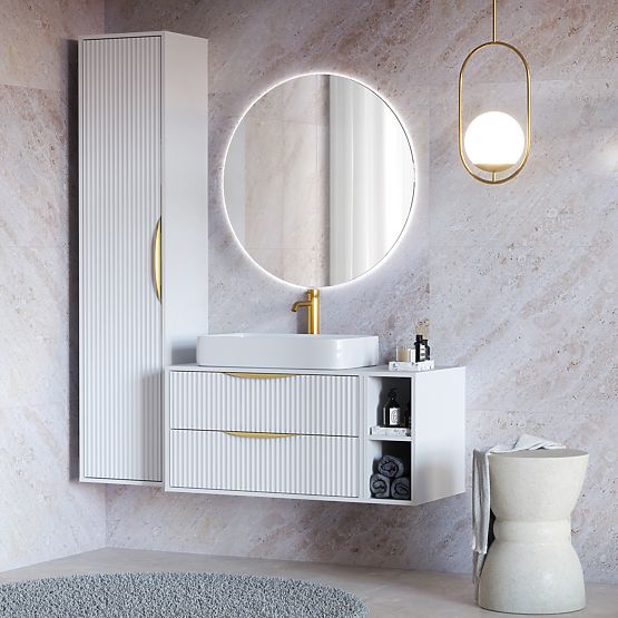 Mobiletto sotto lavabo Avila 2.0, 80 cm, scanalato, maniglie dorate, bianco