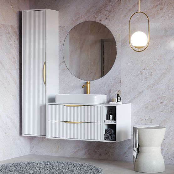 Mobiletto sotto lavabo Avila 2.0, 80 cm, scanalato, maniglie dorate, bianco