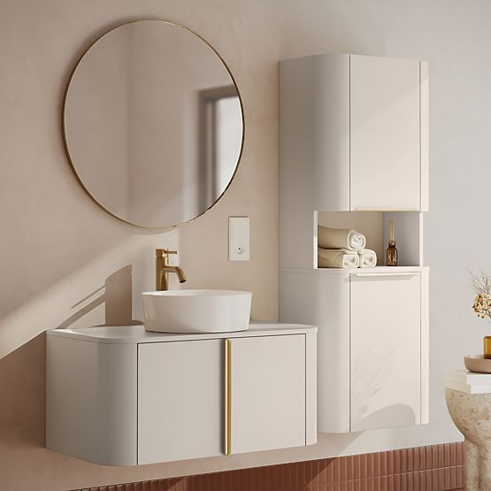 Mobiletto sotto lavabo da appoggio Bassa 80 cm, color cashmere, maniglie dorate, arrotondato