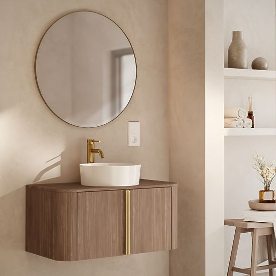 Mobiletto sotto lavabo da appoggio Bassa 80 cm, noce lincoln, maniglie dorate, arrotondato