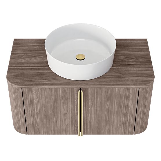 Mobiletto sotto lavabo da appoggio Bassa 80 cm, noce lincoln, maniglie dorate, arrotondato