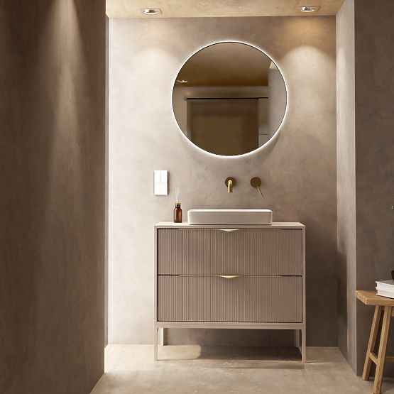 Mobiletto sotto lavabo da appoggio Livia 80 cm, color cashmere, gambe in metallo, scanalato