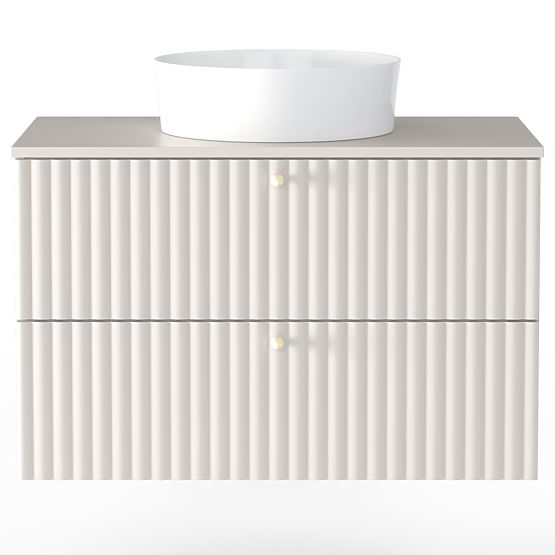 Mobiletto sotto lavabo da appoggio Nelli 80 cm, color cashmere, scanalato, maniglie dorate