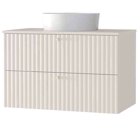 Mobiletto sotto lavabo da appoggio Nelli 80 cm, color cashmere, scanalato, maniglie dorate