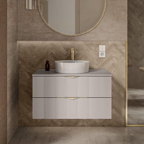 Mobiletto sotto lavabo Omi 80 cm, pannello frontale ondulato, maniglie dorate, beige cashmere