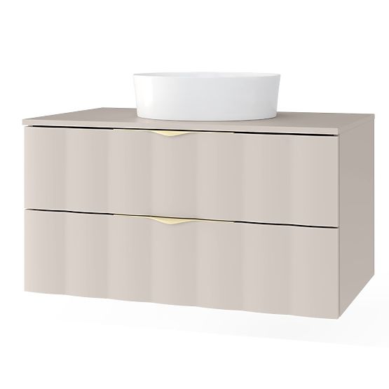 Mobiletto sotto lavabo Omi 80 cm, pannello frontale ondulato, maniglie dorate, beige cashmere