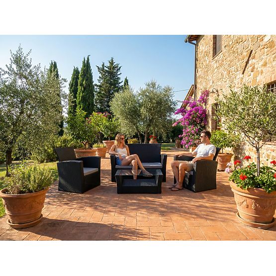 Mobili da giardino in tecnorattan (divano 123cm, 2 poltrone + tavolino) UNICO nero