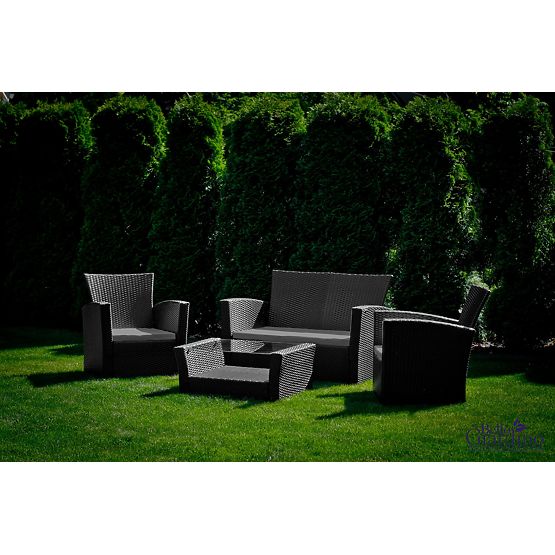 Mobili da giardino in tecnorattan (divano 123cm, 2 poltrone + tavolino) UNICO nero