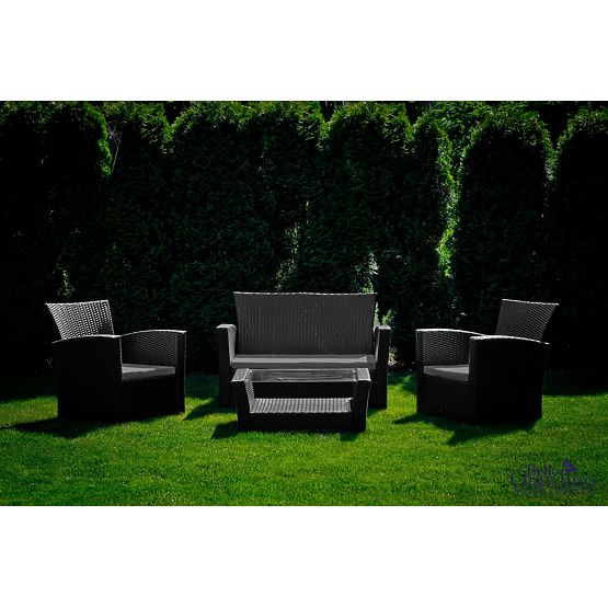 Mobili da giardino in tecnorattan (divano 123cm, 2 poltrone + tavolino) UNICO nero