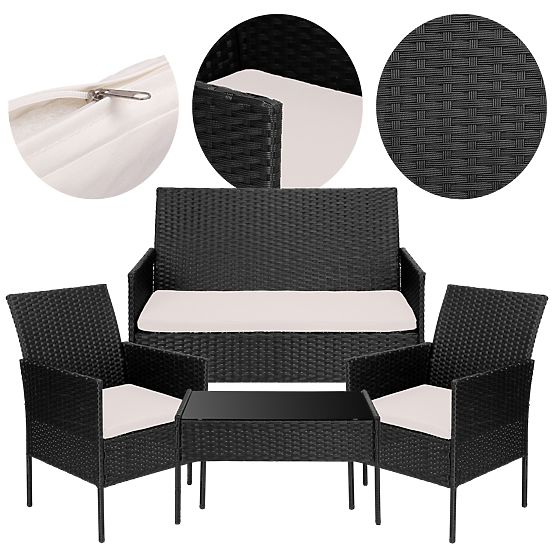 Mobili da giardino in tecnorattan set 4 in 1 MAGNOLIA nero cuscini beige