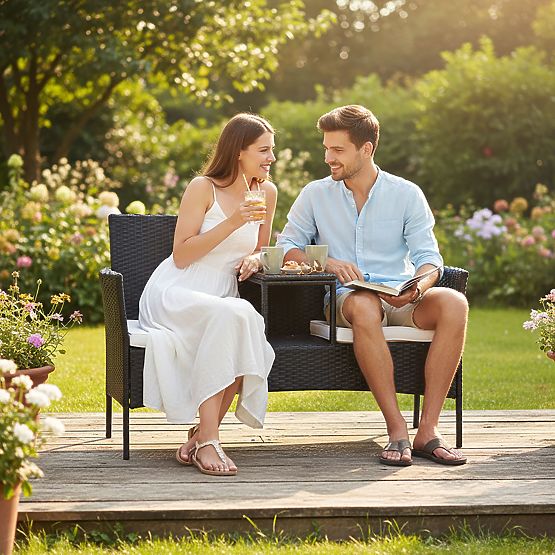 Panca da giardino in tecnorattan divano CORDOBA nero con cuscini beige