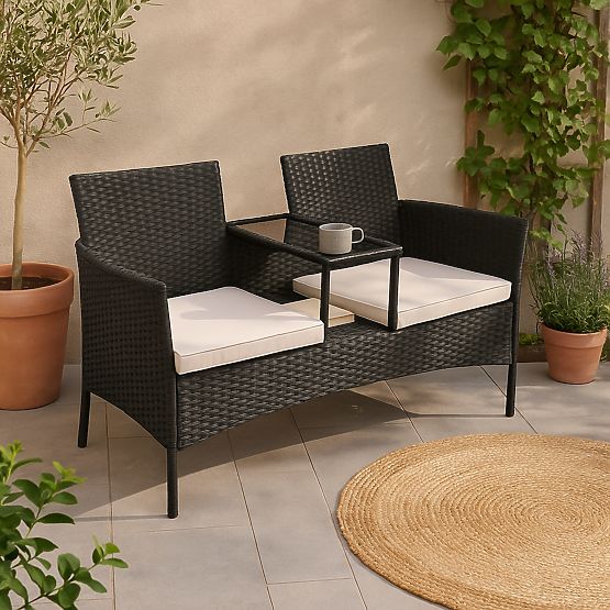 Panca da giardino in tecnorattan divano CORDOBA nero con cuscini beige
