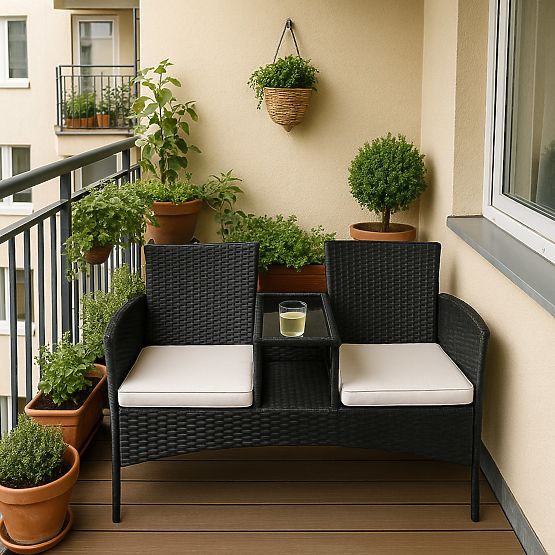 Panca da giardino in tecnorattan divano CORDOBA nero con cuscini beige