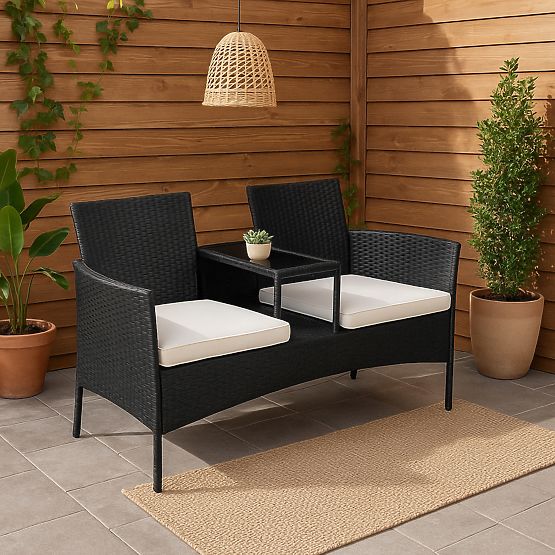 Panca da giardino in tecnorattan divano CORDOBA nero con cuscini beige