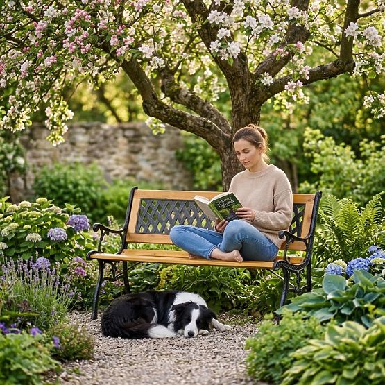 Panchina da giardino in legno 126x51 cm con schienale a griglia e gambe in ghisa MultiGarden