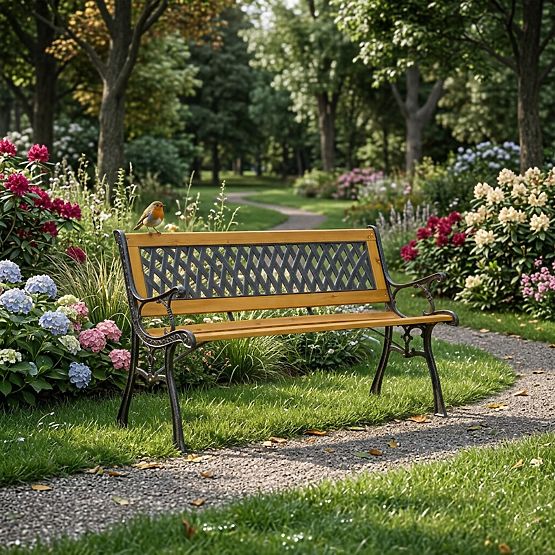 Panchina da giardino in legno 126x51 cm con schienale a griglia e gambe in ghisa MultiGarden