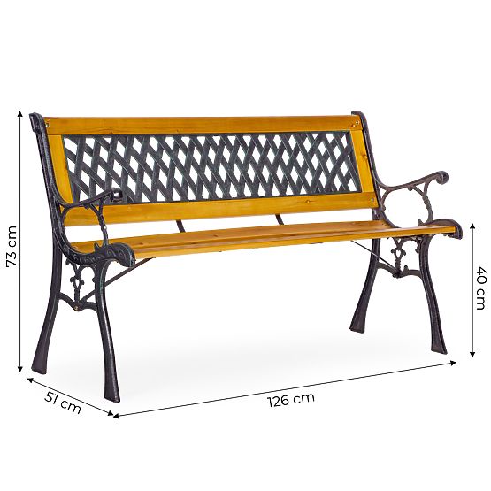 Panchina da giardino in legno 126x51 cm con schienale a griglia e gambe in ghisa MultiGarden