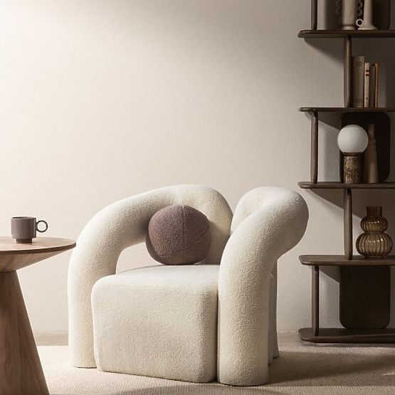 Poltrona imbottita Merry beige chiaro, boucle, forma arrotondata