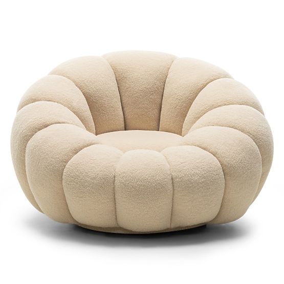 Poltrona relax Venezia beige con base girevole, boucle, forme arrotondate
