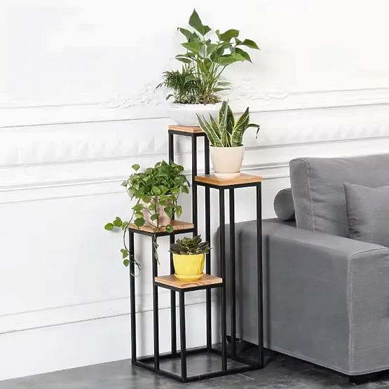 Porta piante scaffale per piante decorazione 4 ripiani metallo MDF noce chiaro ModernHome