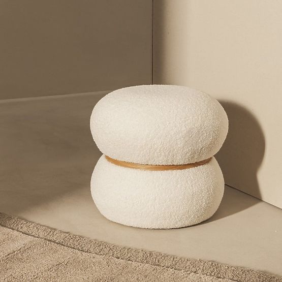 Pouf imbottito Muss, rotondo, bianco, bouclé